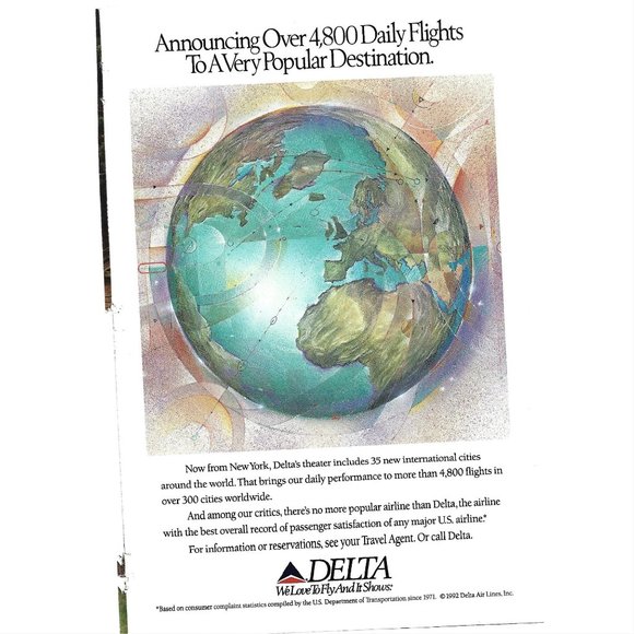 Delta Airlnes 4800 Daily Flights 1990s Vintage Print Ad - Picture 1 of 4